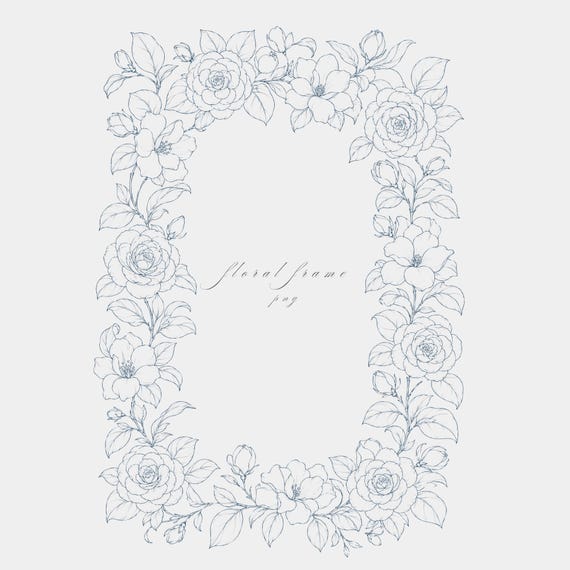 Camellia Gardenia Frame PNG | Fine Line Pencil Clipart | Wedding Stationery | Transparent | 300 DPI