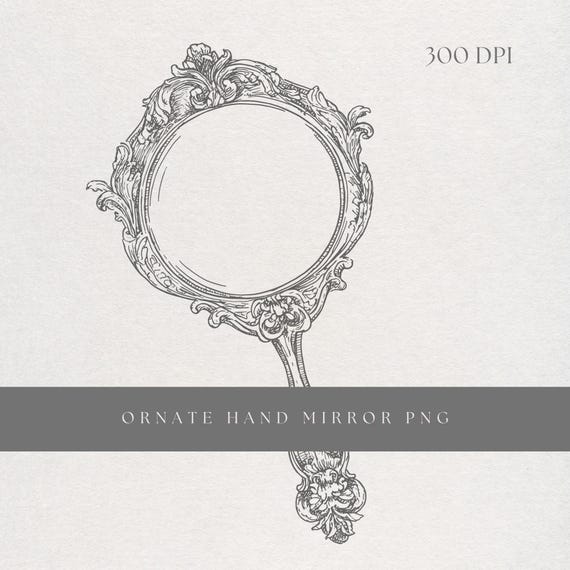 Hand Mirror Clipart PNG | Fine Line Ornate Vanity Mirror | Transparent Background | Digital Download Baroque Beauty Art