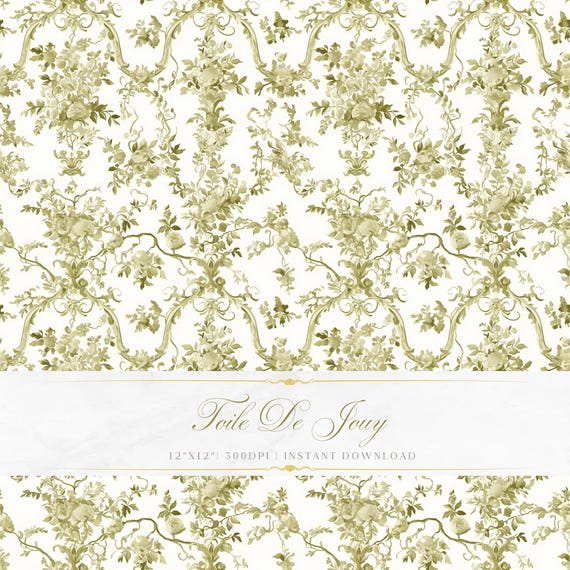 Olive Green Toile De Jouy Pattern | Baroque Floral Art (Digital Download)
