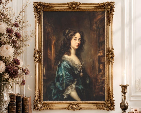 Baroque Noblewoman Portrait Wall Art | Teal Silk Curly Hair Oil Painting | Dark Library Feminine Decor Digital Download