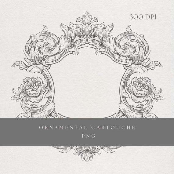 Grand Cartouche Clipart PNG | Fine Line Baroque Ornament No 3 | Transparent Background | Digital Download Royal Crest Frame Art