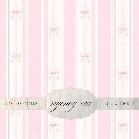 Baby Pink Regency Stripe Seamless Pattern, Ribbon Bow Digital Paper, Elegant Vintage Background, Romantic Design, Classic Repeat Print