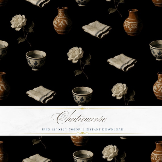 Dark Ceramic Seamless Pattern JPEG Oil Painting White Rose Vase Chateaucore Still Life Download