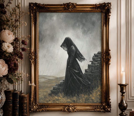 Gothic Moors Rain Woman Wall Art | Black Veil Gown Ruins Oil Painting | Dark Romantic Landscape Decor Digital Download