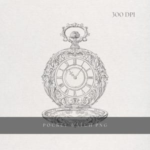 Puede incluir: Ilustración detallada de un reloj de bolsillo abierto, con números romanos en la esfera y elementos decorativos intrincados. El texto "POCKET WATCH PNG" está en la parte inferior y "300 DPI" en la parte superior.