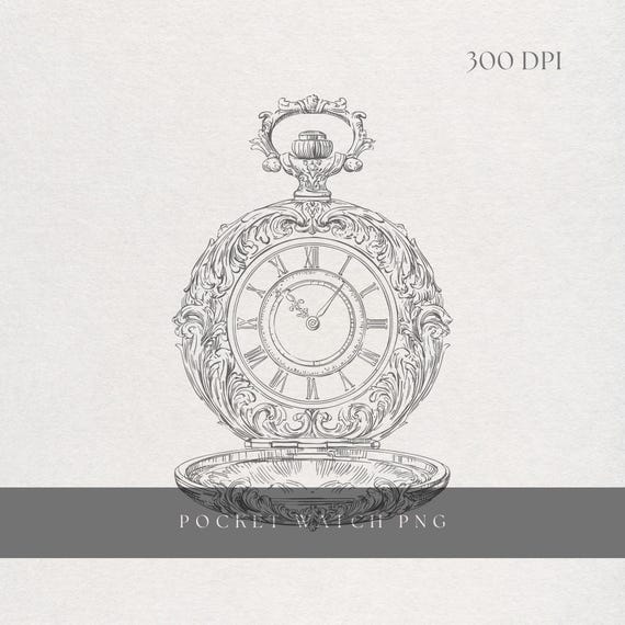 Pocket Watch Clipart PNG | Fine Line Antique Timepiece Illustration | Transparent Background | Digital Download Vintage Clock Face Art