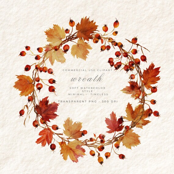 Watercolor Autumn Wreath PNG Transparent, Fall Botanical Clipart Digital Art, Commercial Use Instant Download, Seasonal Stationery Design