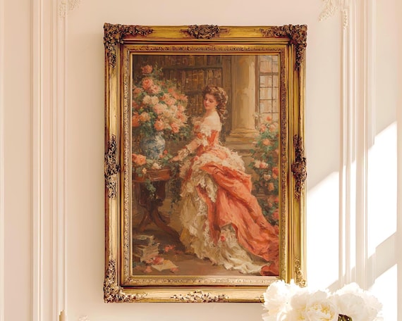 Coral Baroque Gown Library Wall Art | Floral Oil Painting Print | Romantic Feminine Decor Digital Download