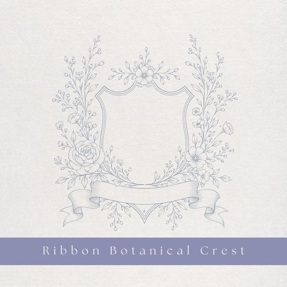 Botanical Crest with Ribbon PNG, Elegant Floral Frame Logo, Fine Line Wedding Monogram Frame, Minimal Blue Clipart