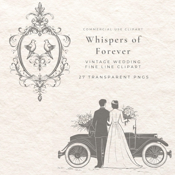 Vintage Wedding Clipart Pack | Victorian Couple, Car, Frame, Wreath, PNG | Invitations, Logos, Sublimation