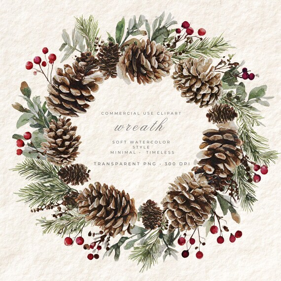Pine Cones Wreath PNG Clipart, Floral Frame, Transparent Background Digital Art, Commercial Use Instant Download