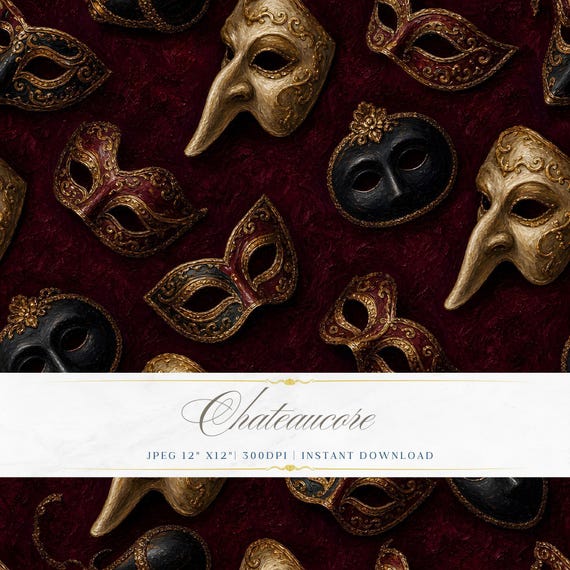Venetian Mask Seamless Pattern JPEG Oil Painting Digital Paper Baroque Chateaucore Instant Download