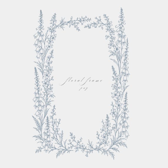Foxglove Larkspur Frame PNG | Fine Line Pencil Clipart | Wedding Stationery | Transparent | 300 DPI