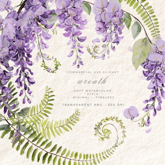 Wisteria Wreath PNG Clipart, Watercolor Floral Frame Transparent Background, Wedding Invitation Digital Download, Commercial Use
