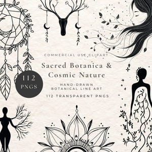 Heilige Botanica & Kosmische Natuur Clipart | 112 Fijne Lijntekeningen van de Hemel | Bundel met Maangodin en Botanische Lijntekeningen in PNG-formaat