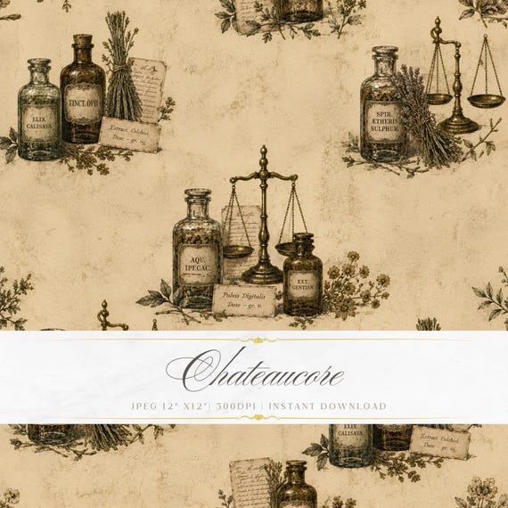 Antique Apothecary Digital Paper, Vintage Botanical Seamless Pattern, Dark Academia Scrapbook Paper, Witchy Wallpaper JPG, Printable