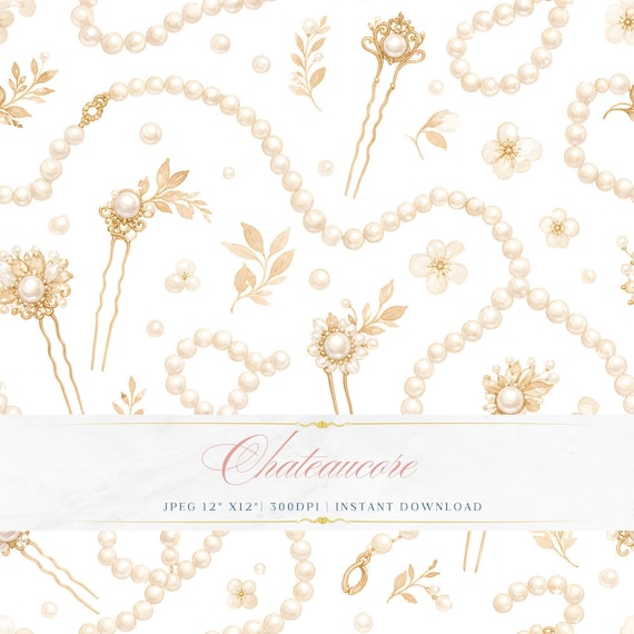 Pearl Strand Watercolor Seamless Pattern, Boudoir Digital Paper, Vintage Jewellery Tile