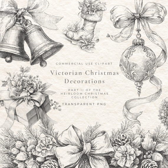 Christmas Decorations Clipart PNG, Vintage Holiday Ornaments, Ribbon Bow, Tree Decor, Bells, Wreaths, Lanterns, Gift Tags, Commercial Use