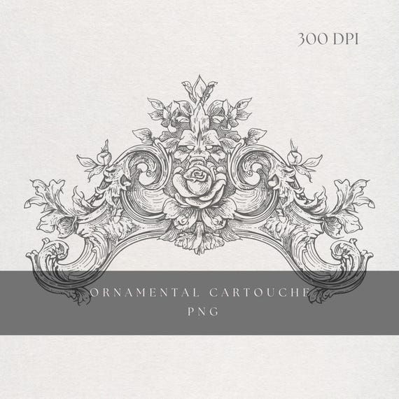 Ornate Cartouche Clipart PNG | Fine Line Baroque Label Frame No 2 | Transparent Background | Digital Download Scrollwork Crest Art