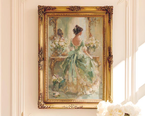 Regency Noblewoman Art Print - Elegant Vintage Portrait, Sage Green Gown, Feminine Classic Decor, Printable Romantic Wall Art 5