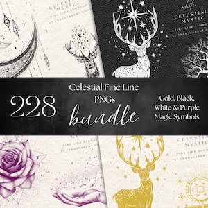Celestial Fine Line Clipart Bundle – 228 PNGs | Gold, Black, White, Purple | Mystic Symbols | Spiritual Clip Art | Boho Astrology Pack