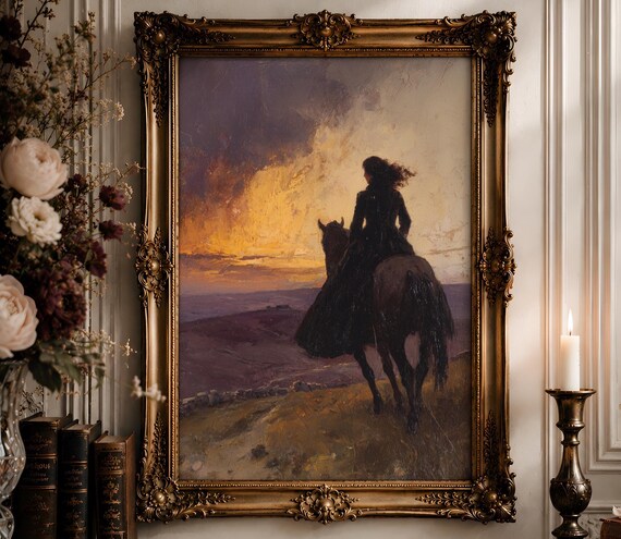 Horseback Moors Sunset Wall Art | Dark Rider Silhouette Oil Painting | Gothic Romantic Landscape Decor Digital Download