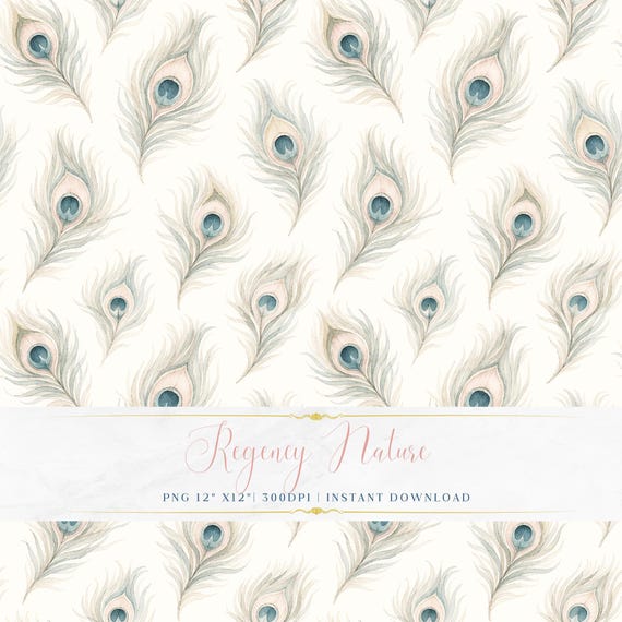 Romantic Peacock Feather Seamless PNG Soft Floral Watercolor Printable Wallpaper Pattern