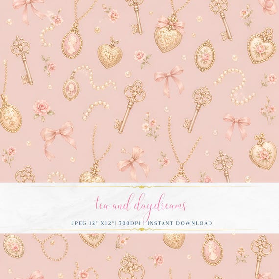 Pastel Pink Seamless Pattern, Vintage Keys, Elegant Tea Party Seamless Pattern, Pastel Floral Digital Paper, Feminine Style