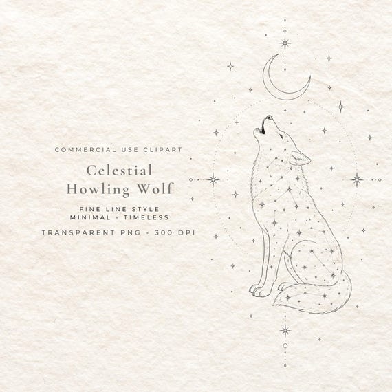 Celestial Wolf PNG, Howling Wolf Constellation Line Art Digital Download, Mystical Wolf Clipart, Dark Academia Wall Art Printable