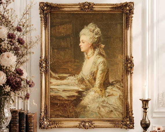 Rococo Lady Writing Wall Art | Ivory Gold Silk Gown Oil Painting Print | French Library Feminine Decor Digital Download