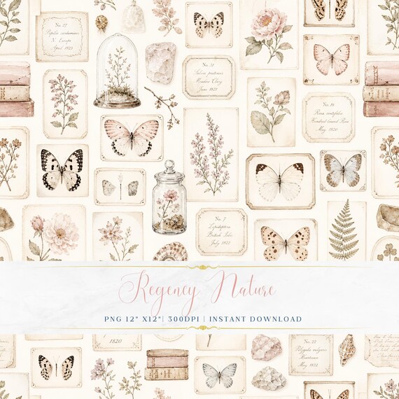 Elegant Pastel Ephemera Seamless PNG Vintage Watercolor Digital Paper Fabric Wallpaper