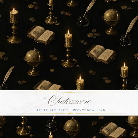Dark Scholar Seamless Pattern JPEG Oil Painting Globe Candle Book Chateaucore Academia Download