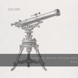 Telescope Clipart PNG | Fine Line Vintage Brass Instrument | Transparent Background | Digital Download Antique Astronomy Art
