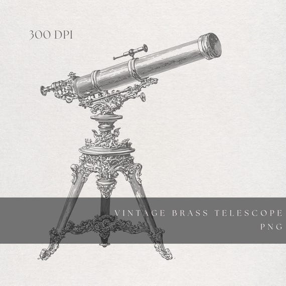 Telescope Clipart PNG | Fine Line Vintage Brass Instrument | Transparent Background | Digital Download Antique Astronomy Art