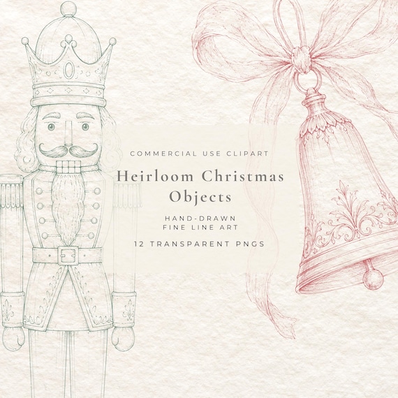 Vintage Christmas Clipart PNG, Holiday Fine Line Illustrations, Hand Drawn Victorian Christmas Elements, Wrapping Paper, Sublimation Designs