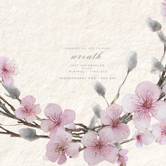 Spring Cherry Blossoms Wreath PNG Clipart, Wildflower Transparent Background Art, Digital Download Commercial Use, Boho Floral Stationery