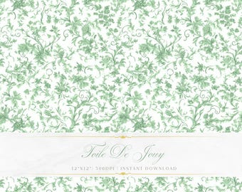 May include: A digital pattern featuring a repeating green floral toile design on a white background. A central horizontal banner displays the text Toile De Jouy, 12"x12", 300DPI, and Instant Download in a script and sans-serif font combination.