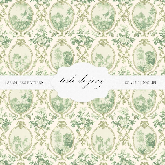 Sage Green Toile De Jouy Pattern | Floral Baroque Art (Digital Download)