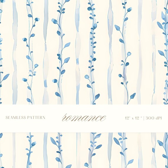 Blue Botanical Stripe Seamless Pattern, Soft Watercolor Vertical Floral Lines, Neutral Nursery Fabric Design, Elegant Minimal Wallpaper