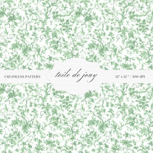 May include: Seamless pattern with a delicate floral design in shades of green on a white background. The pattern features intertwining vines, leaves, and flowers. The text "toile de jouy" is displayed on a white label. The pattern is 12" x 12" and 300 DPI.