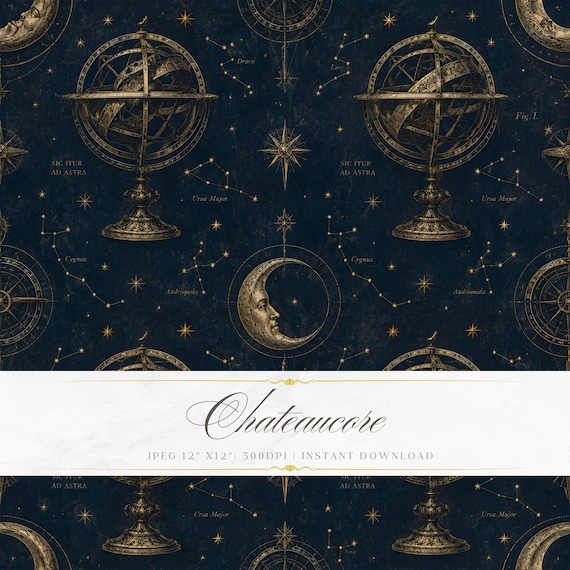 Celestial Digital Paper, Antique Astrology Seamless Pattern, Vintage Star Chart Wallpaper, Dark Academia Printable Paper, Moon and Stars JPG