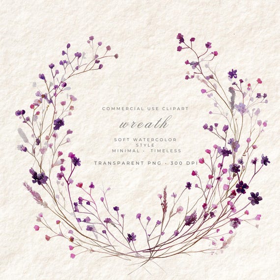 Purple Watercolor Wildflower Wreath PNG Transparent, Field Flowers Botanical Clipart, Floral Frame Digital Art, Commercial Use