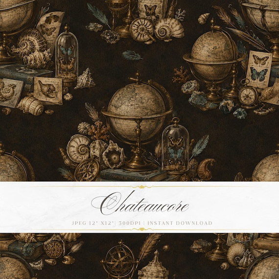 Antique Globe Digital Paper, Curiosity Cabinet Seamless Pattern, Vintage Scientific Wallpaper, Dark Academia Printable JPG, Natural History
