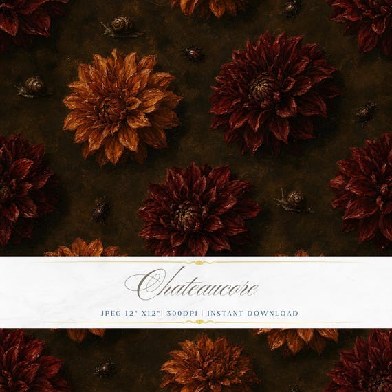 Dark Dahlia Floral Seamless Pattern, Baroque Flower Digital Paper, Moody Botanical Tile