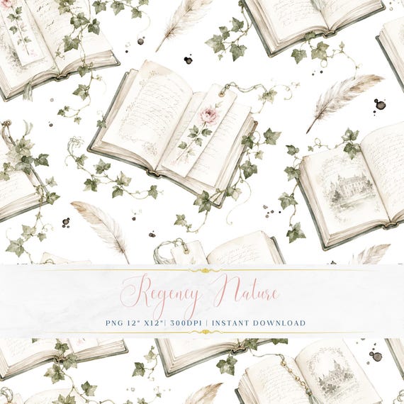 Watercolor Open Books Pattern PNG Romantic Vintage Botanical Digital Paper Vintage Wallpaper Design