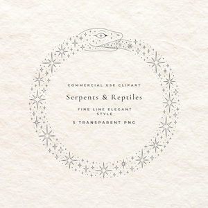 Könnte beinhalten: Eine schwarze Strichzeichnung einer Schlange, die einen kreisförmigen Rahmen bildet und mit verschiedenen Sternformen verziert ist. Der Text lautet: COMMERCIAL USE CLIPART, Serpents & Reptiles, FINE LINE ELEGANT STYLE, 5 TRANSPARENT PNG, zentriert im Kreis.