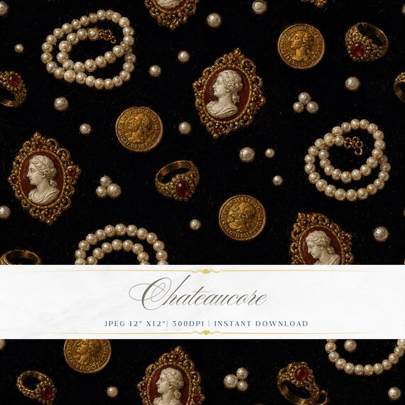 Pearl Cameo Seamless Pattern JPEG Oil Painting Dark Jewellery Chateaucore Luxury Digital Download