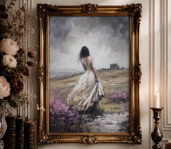 Running Woman Moors Rain Wall Art | White Gown Storm Oil Painting | Dark Romantic Landscape Decor Digital Download