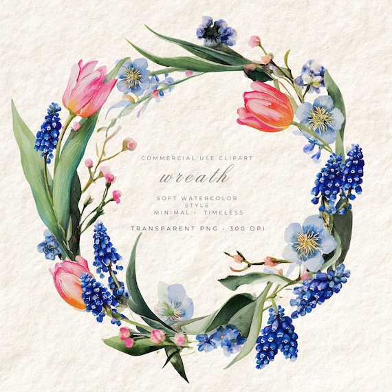 Tulips Wreath PNG Watercolor, Transparent Background Clipart, Digital Art Commercial Use, Boho Botanical Download