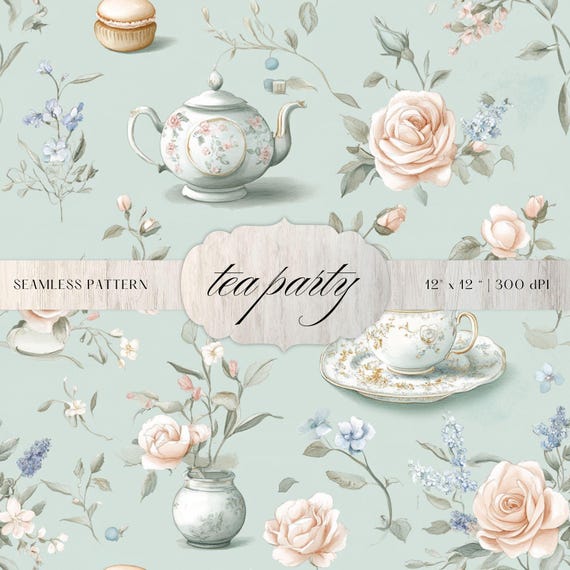 Cottagecore Tea Party Seamless Pattern | Floral Background (Digital Download)